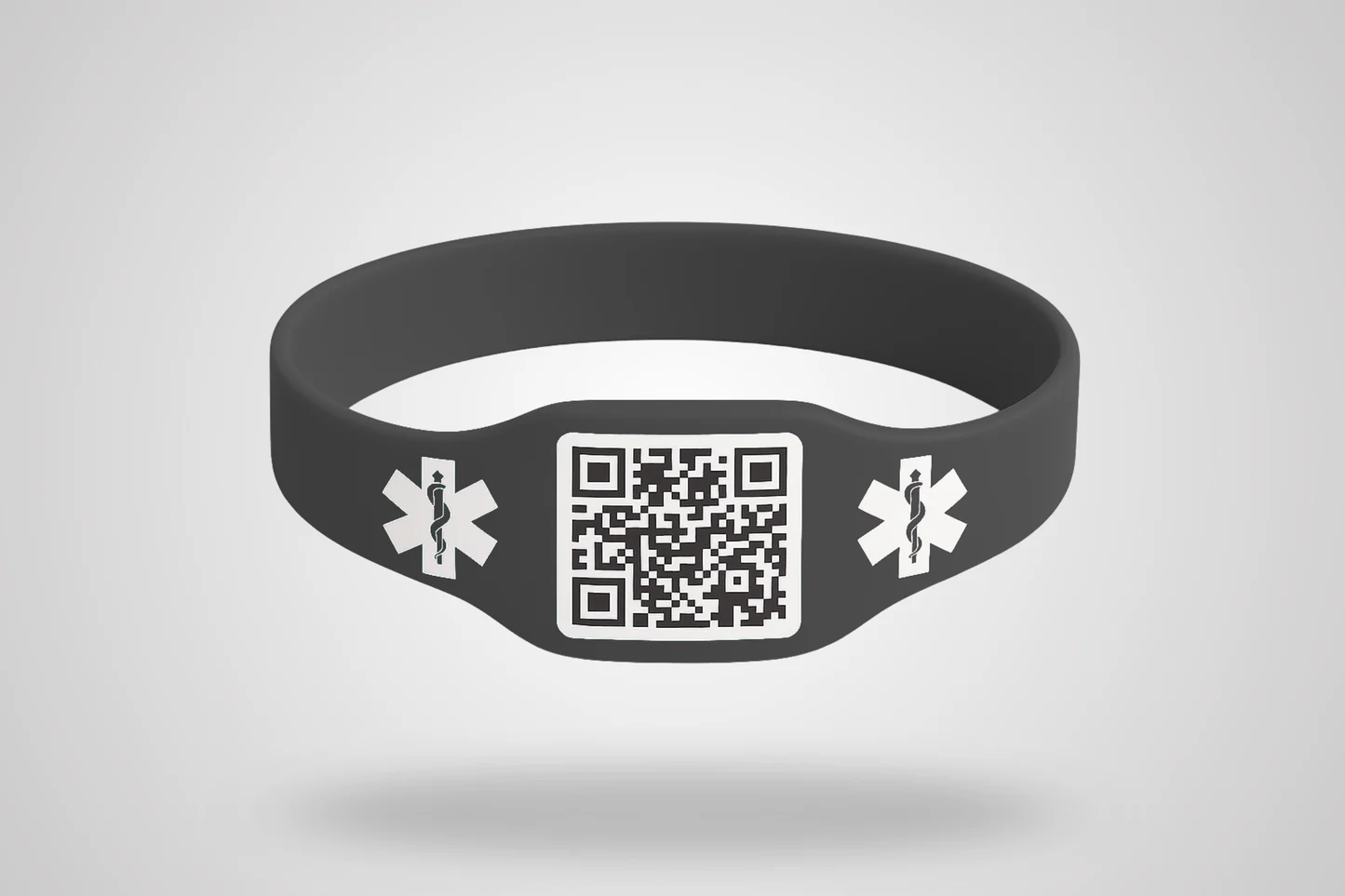 Pulseira de silicone preta com placa de metal e QR Code