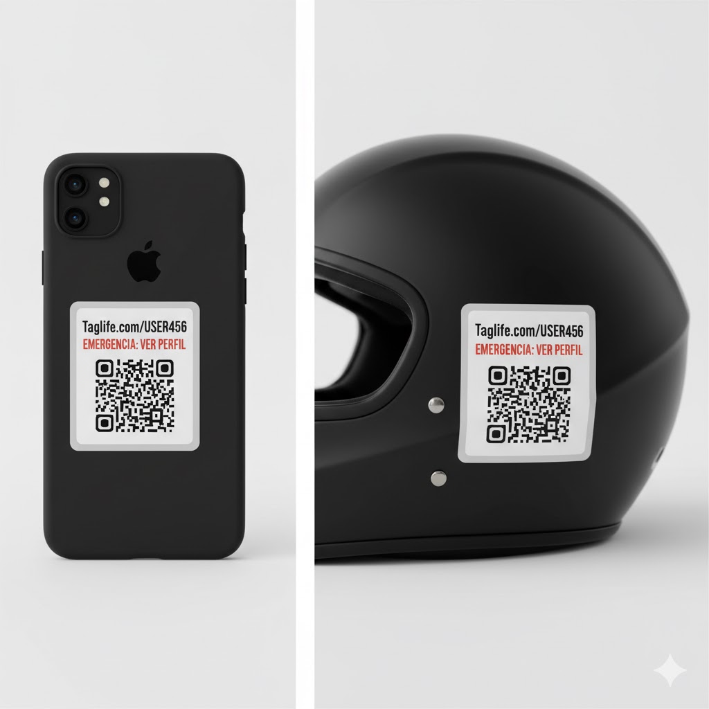 Adesivos com QR Code colados em capacete e celular